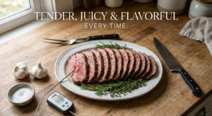 Sliced roast beef on a platter with garlic, herbs, and a meat thermometer on a wooden table.