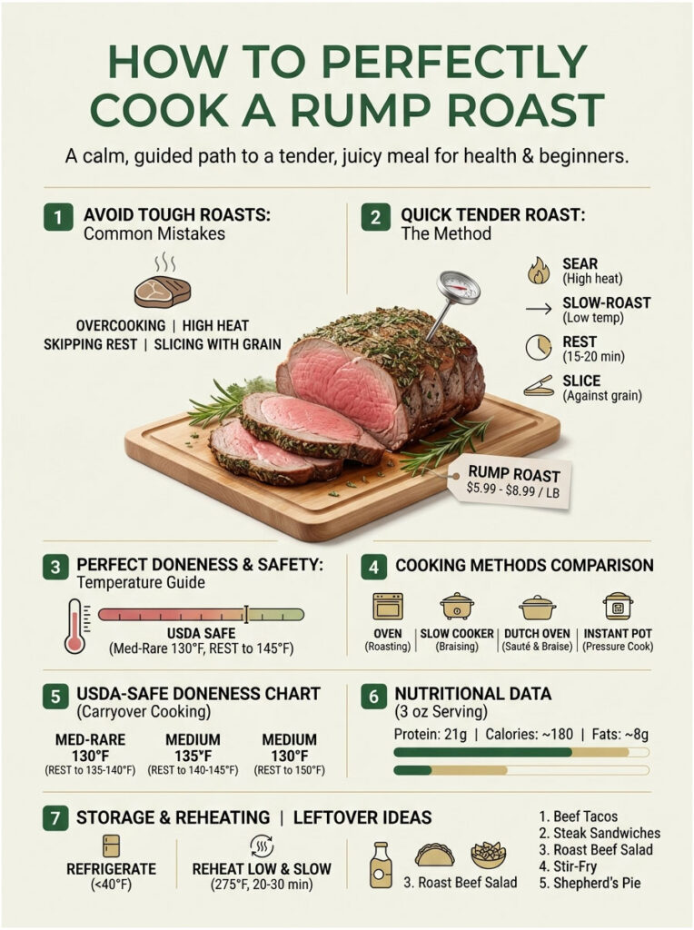Infographic detailing how to cook a rump roast with tips, methods, and nutritional data.