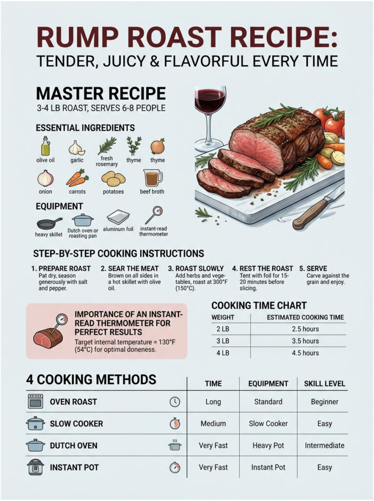Rump roast recipe infographic showing ingredients, cooking instructions, and time chart with illustrations.