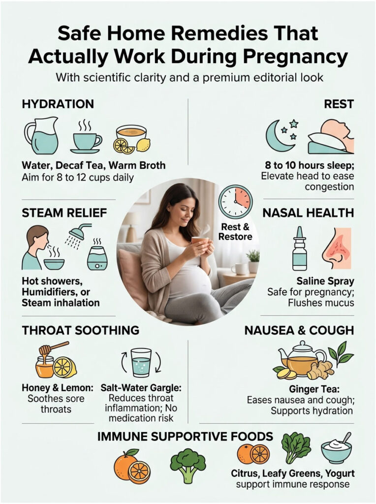Infographic showing safe home remedies during pregnancy, including hydration, steam relief, and immune foods.