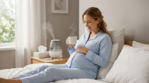 Pregnant woman in blue pajamas sits on a bed, holding a steaming cup of tea, smiling contently in a bright room.