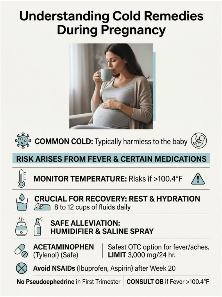 Pregnant woman drinking tea with text about cold remedies, risks, and safe medications during pregnancy. Infographic.