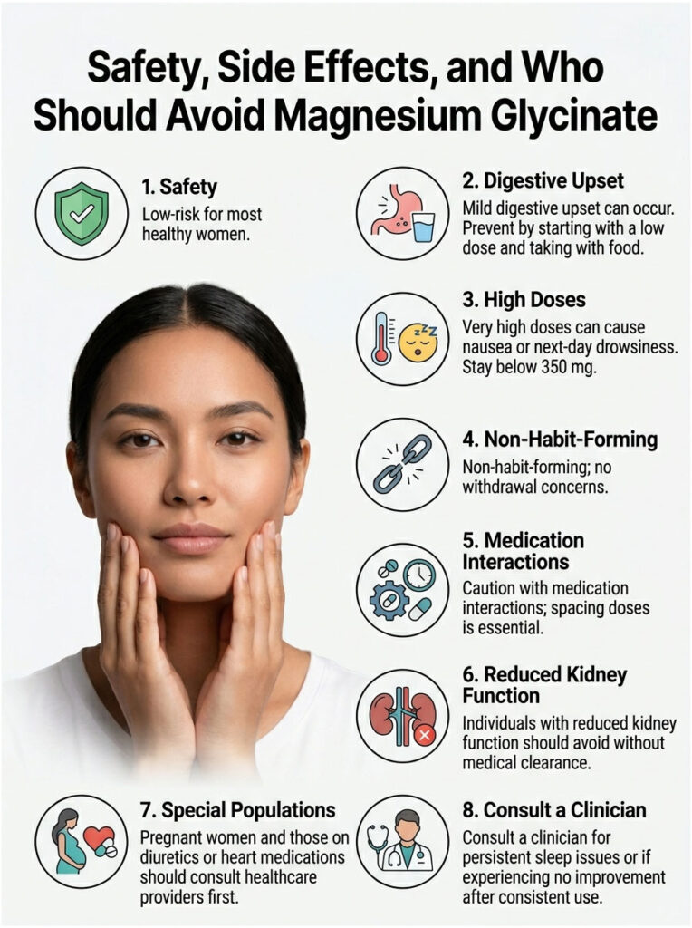 Infographic detailing safety and side effects of magnesium glycinate with icons and text on precautions for women.