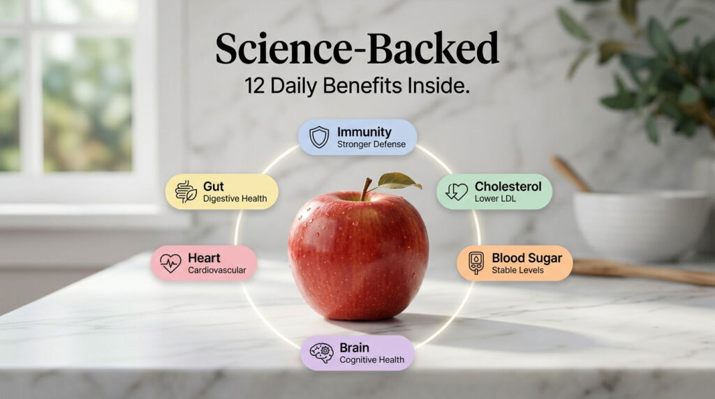 A red apple sits on a marble countertop with text highlighting health benefits around it.