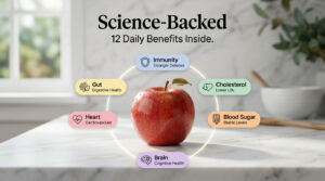 A red apple sits on a marble countertop with text highlighting health benefits around it.