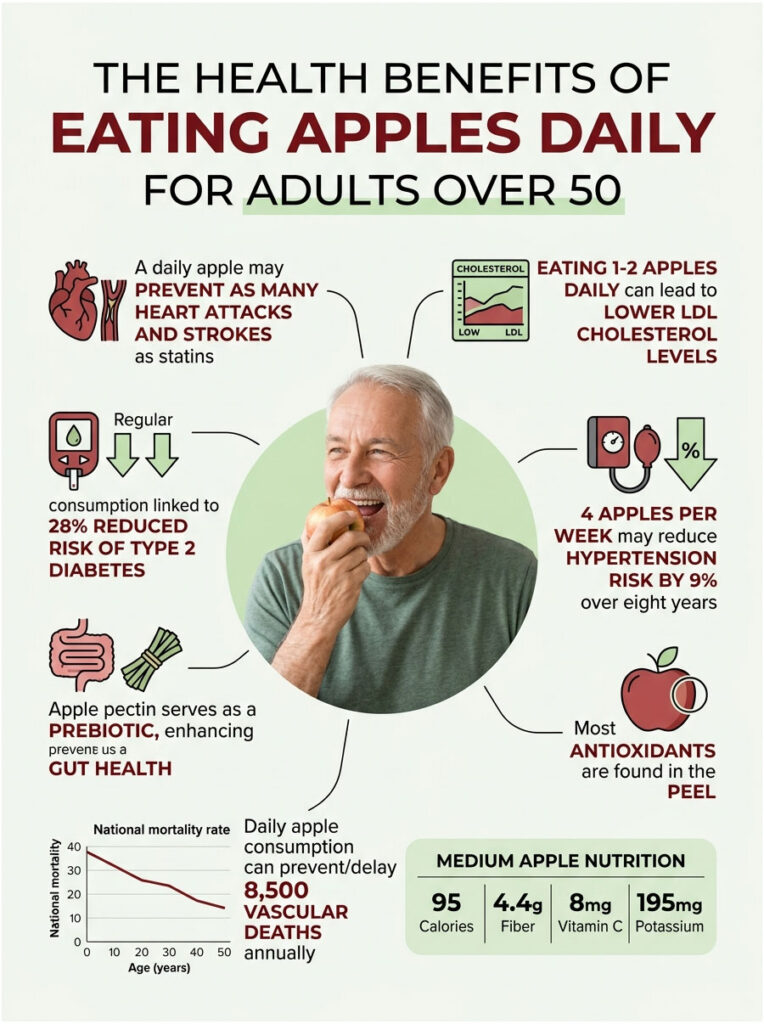 Infographic showing health benefits of eating apples daily for adults over 50, with statistics and illustrations.