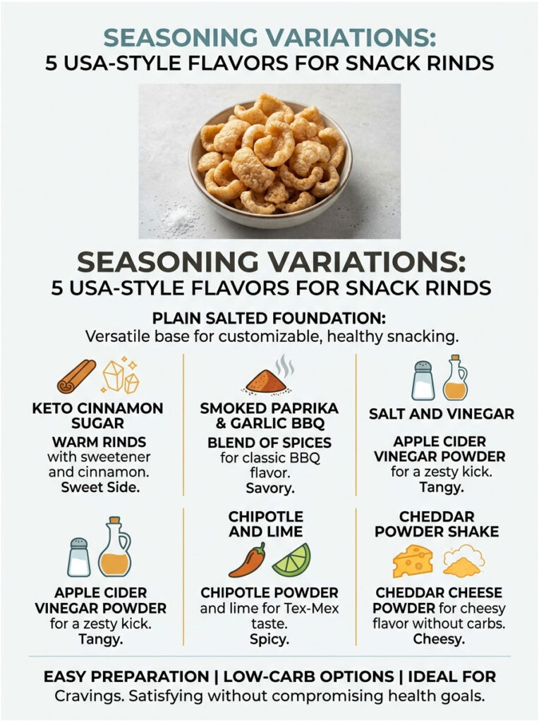 Infographic displaying 5 USA-style seasoning variations for snack rinds with images and descriptions.