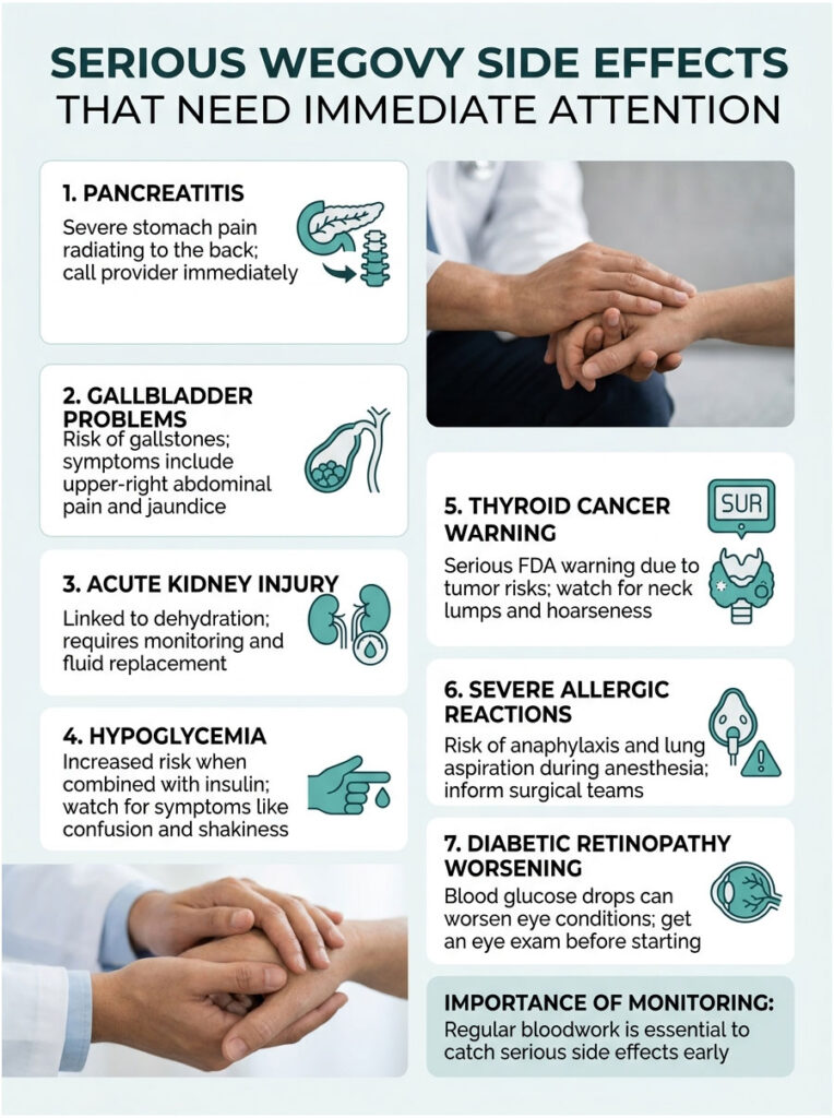 Infographic detailing serious Wegovy side effects needing immediate attention, including pancreatitis and thyroid cancer warning.