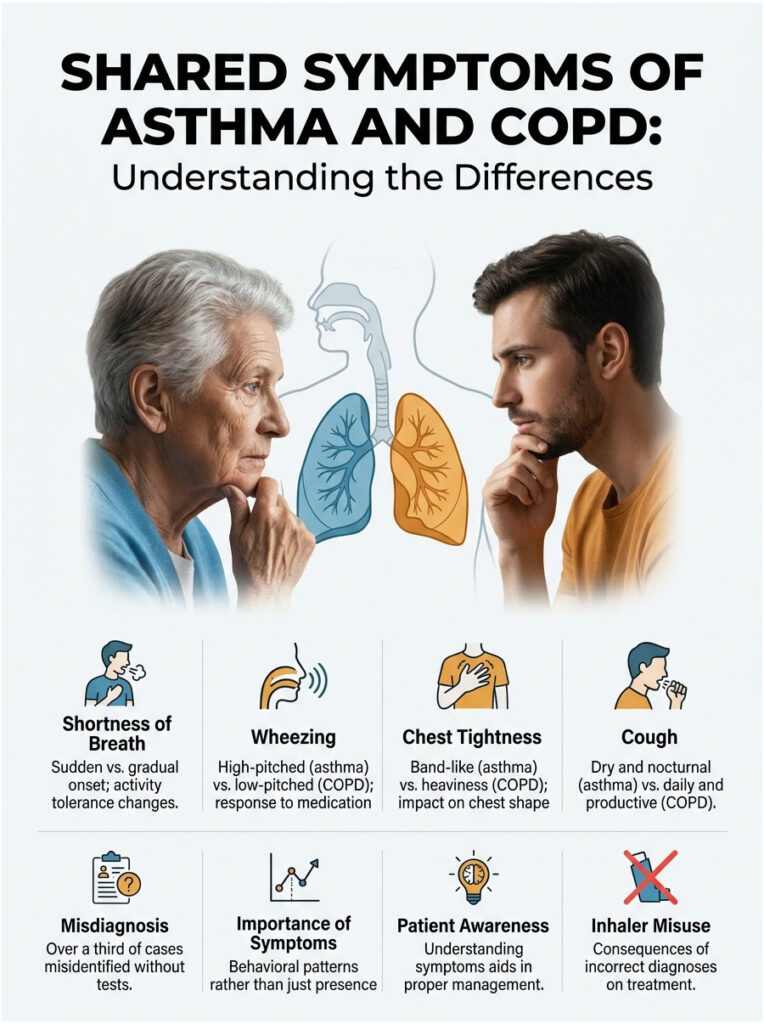Infographic comparing shared symptoms of asthma and COPD, featuring illustrations and key points on symptoms and awareness.