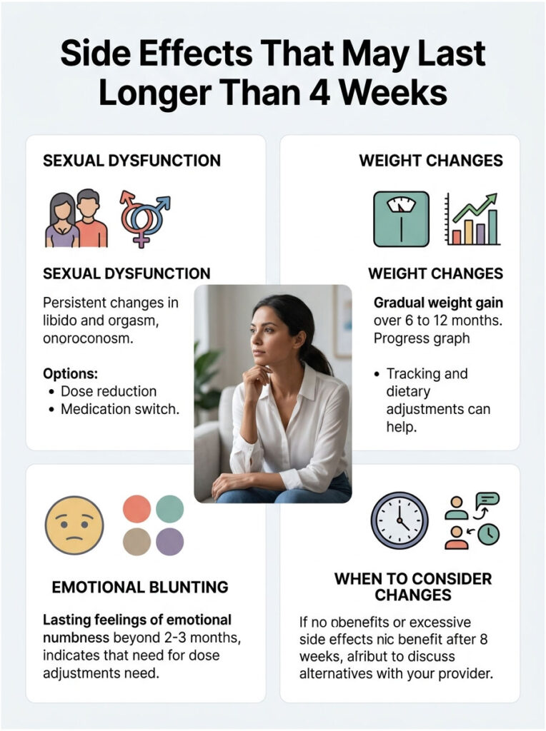 Infographic detailing side effects lasting over 4 weeks, including sexual dysfunction, weight changes, and emotional blunting.