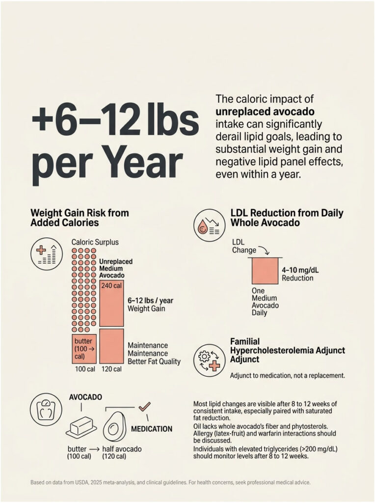 Infographic showing avocado's impact on weight gain and LDL reduction, with charts and calorie comparisons.