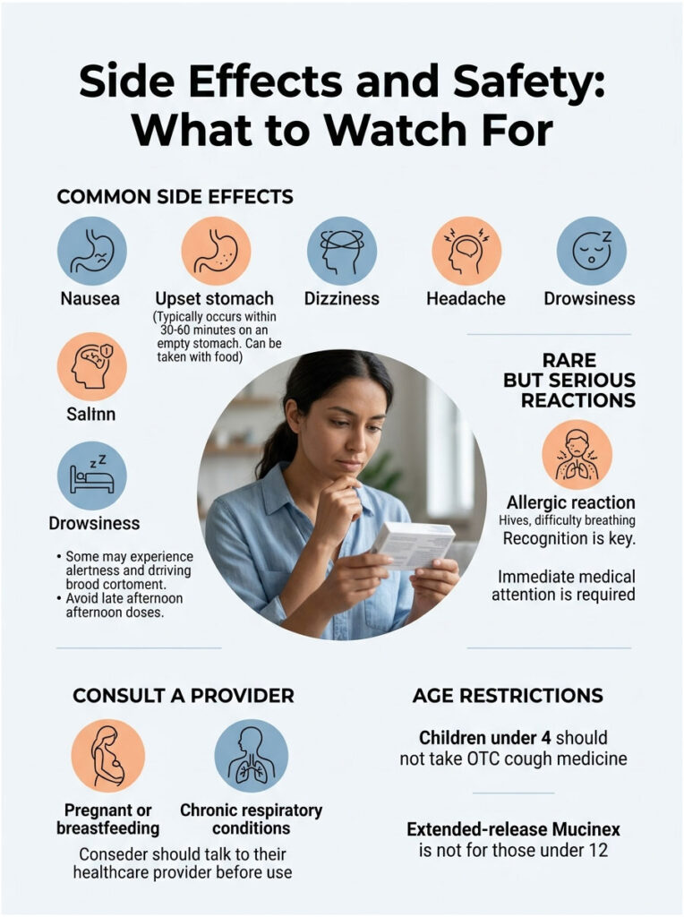 Infographic detailing side effects and safety precautions, including common and serious reactions, with icons and text.