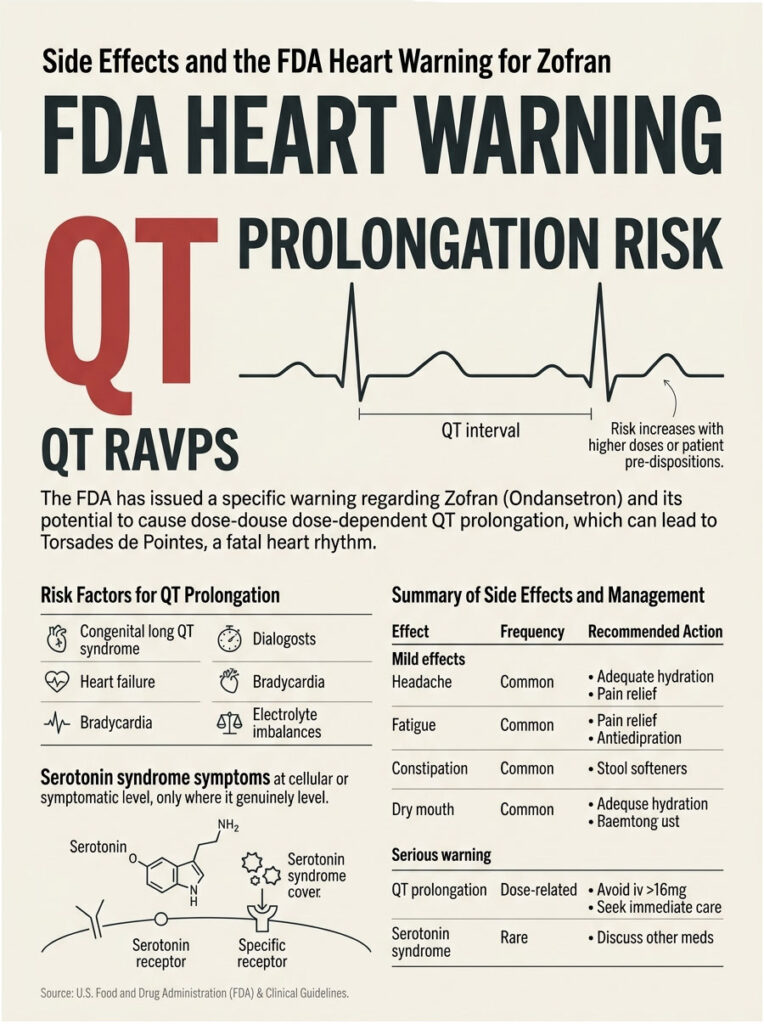 Infographic showing FDA heart warning for Zofran, QT prolongation risk, symptoms, and management recommendations.