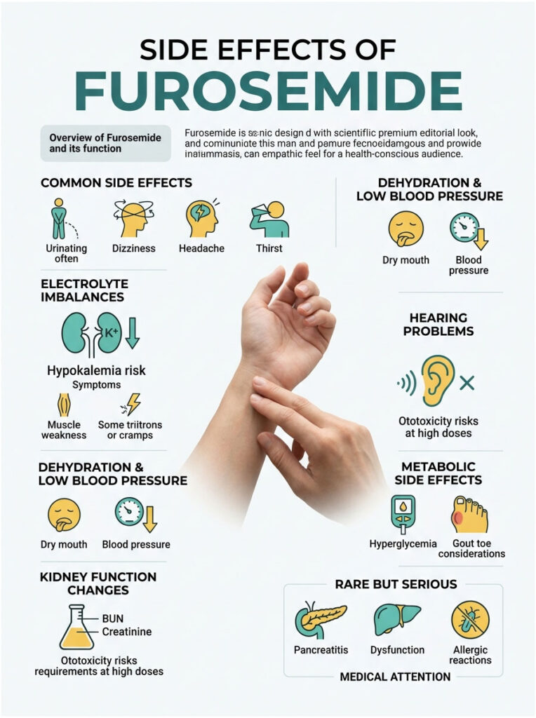 Infographic detailing side effects of Furosemide, including common effects, dehydration, and hearing problems.