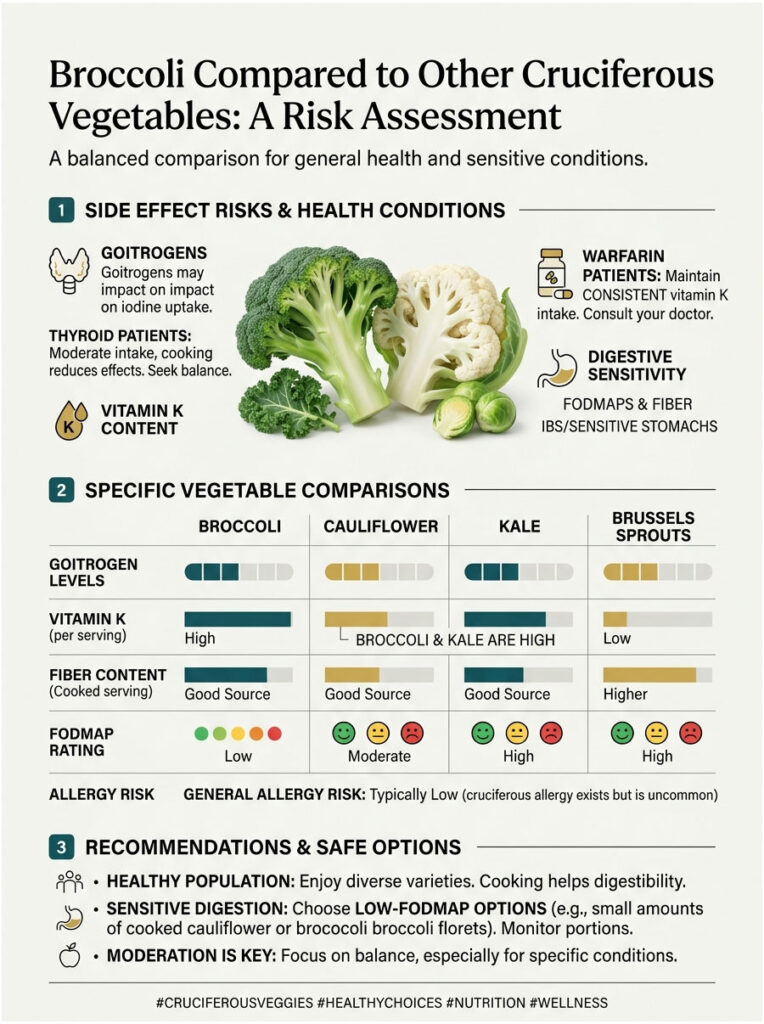 Infographic comparing broccoli to cruciferous vegetables, highlighting health risks, benefits, and dietary recommendations.