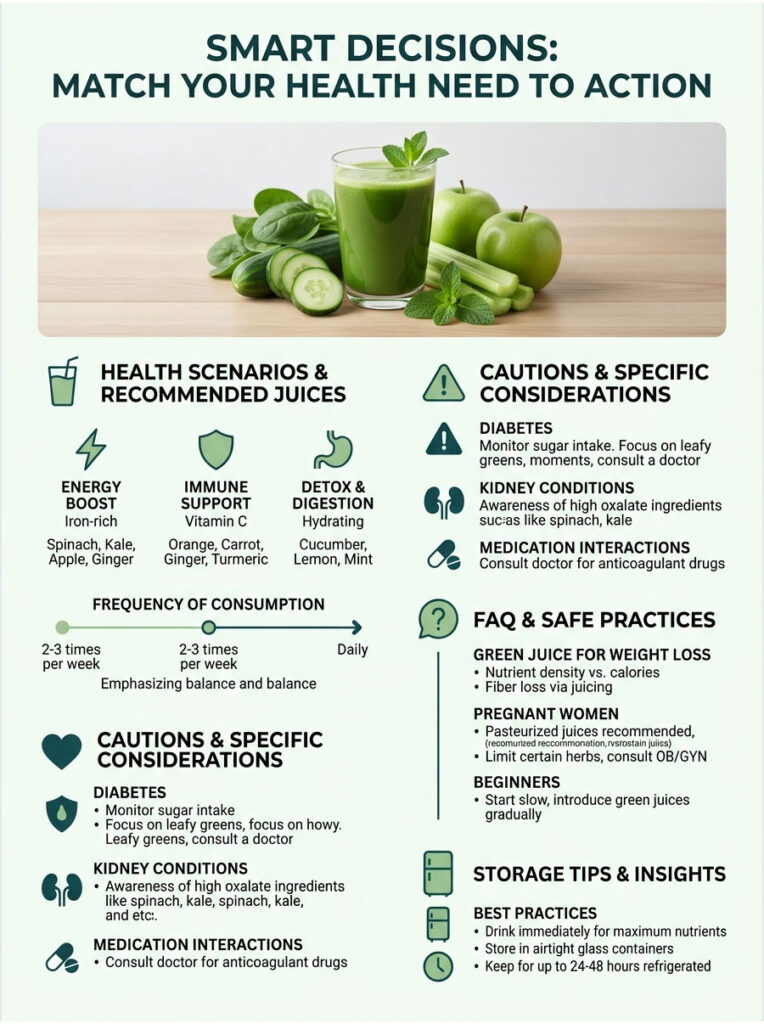 Infographic detailing health scenarios and recommended juices for energy, immune support, and detoxing.