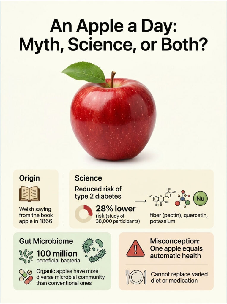 Infographic showing an apple with text on health benefits, statistics, and misconceptions about apples and health.