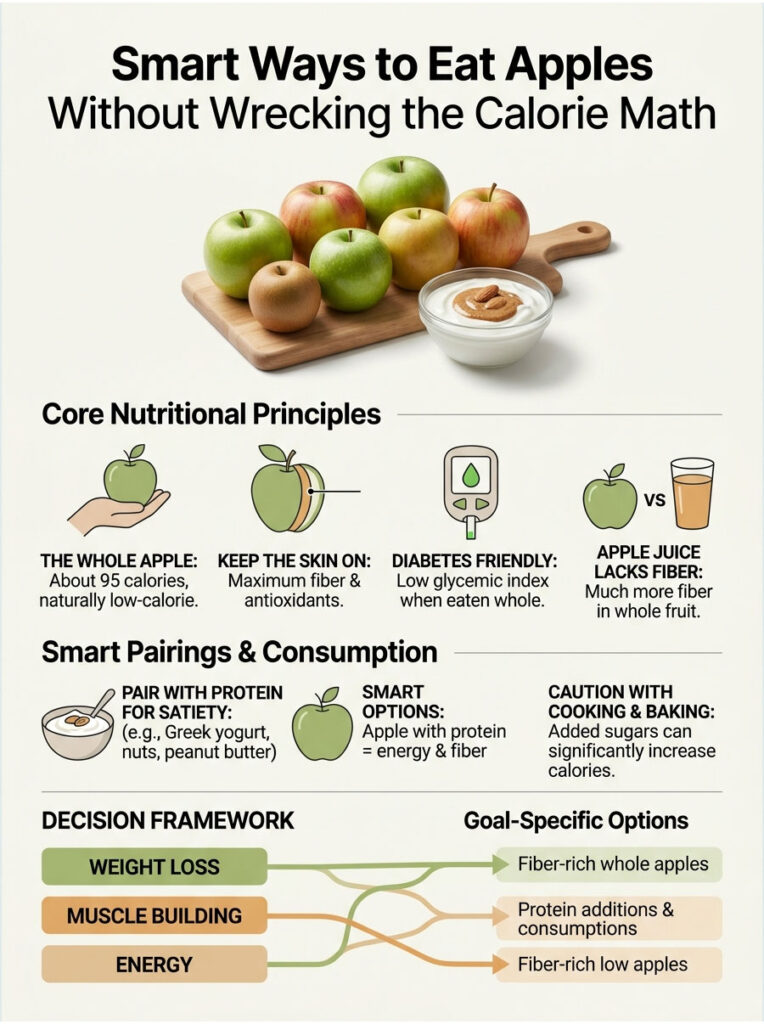 Infographic showing smart ways to eat apples with nutritional principles, pairings, and decision framework for health goals.