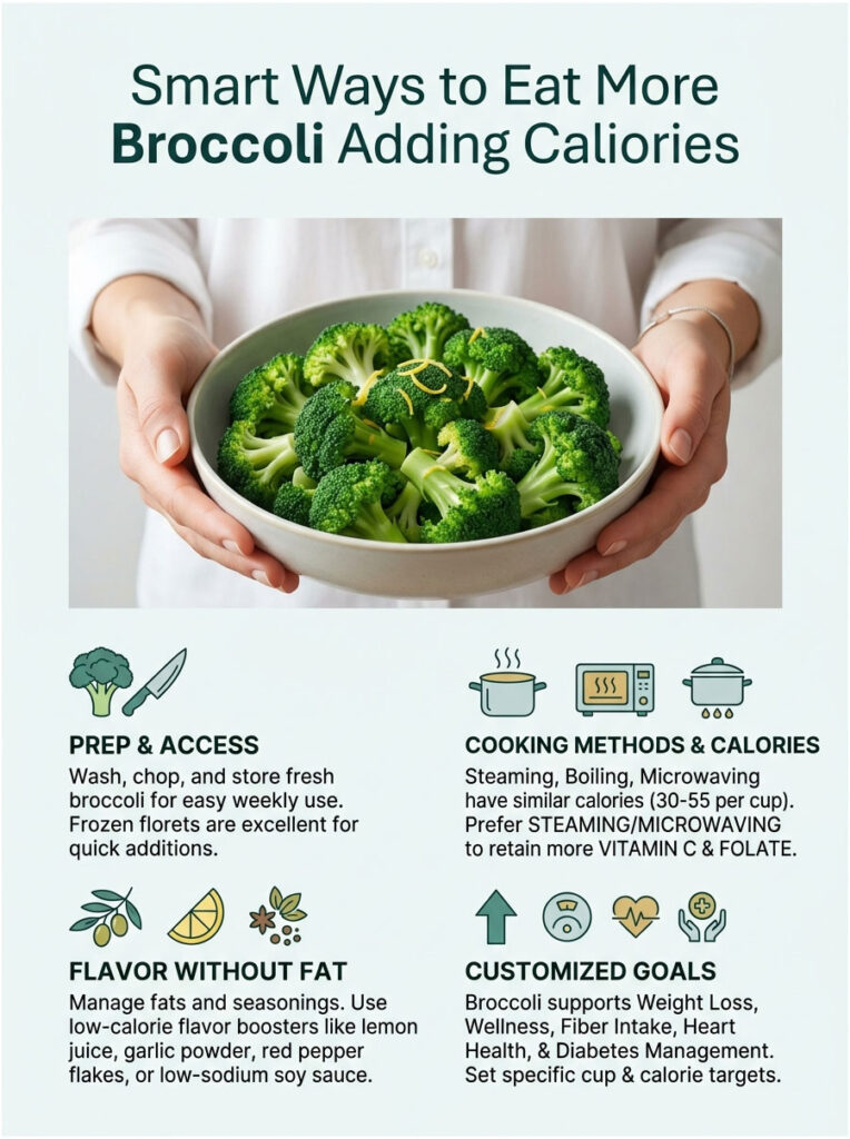 A person holds a bowl of fresh broccoli with text on prep, cooking methods, and health benefits in an infographic.