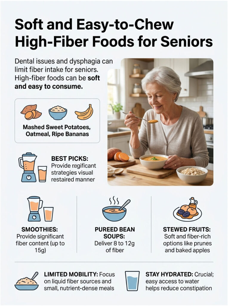 Infographic showing high-fiber foods for seniors, featuring mashed sweet potatoes, oatmeal, and ripe bananas.