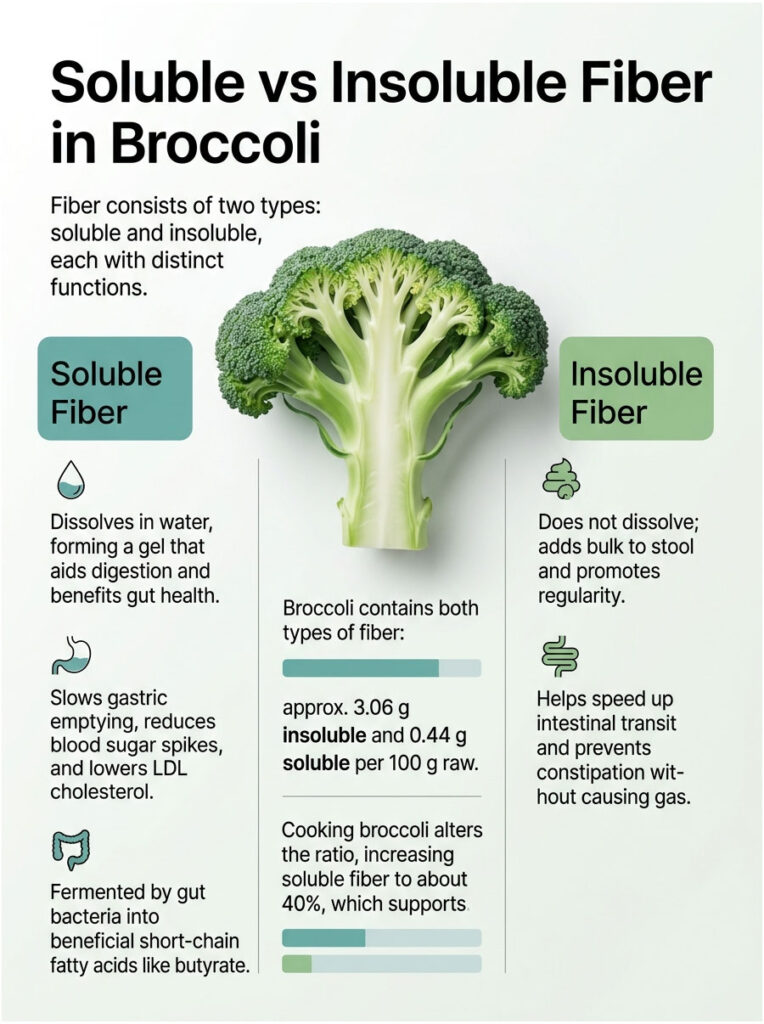 Broccoli infographic comparing soluble and insoluble fiber, detailing functions and benefits of each type.