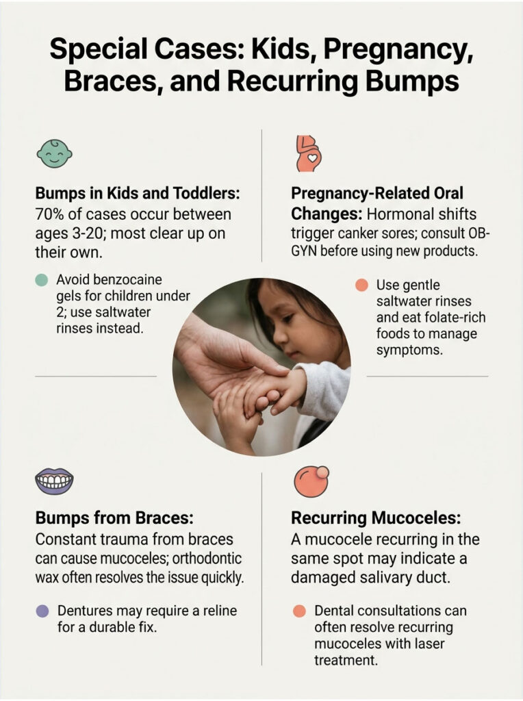 Infographic detailing oral health issues in kids, pregnancy, braces, and recurring bumps with illustrations and advice.