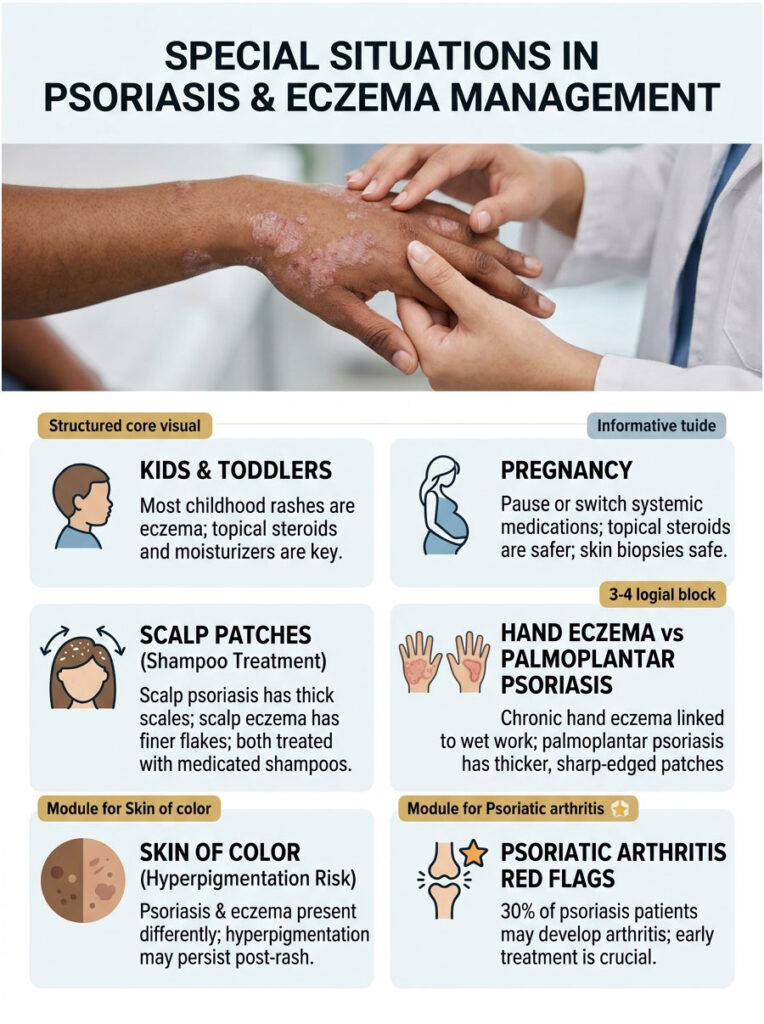 Infographic on psoriasis and eczema management, featuring sections on kids, pregnancy, scalp patches, and arthritis red flags.