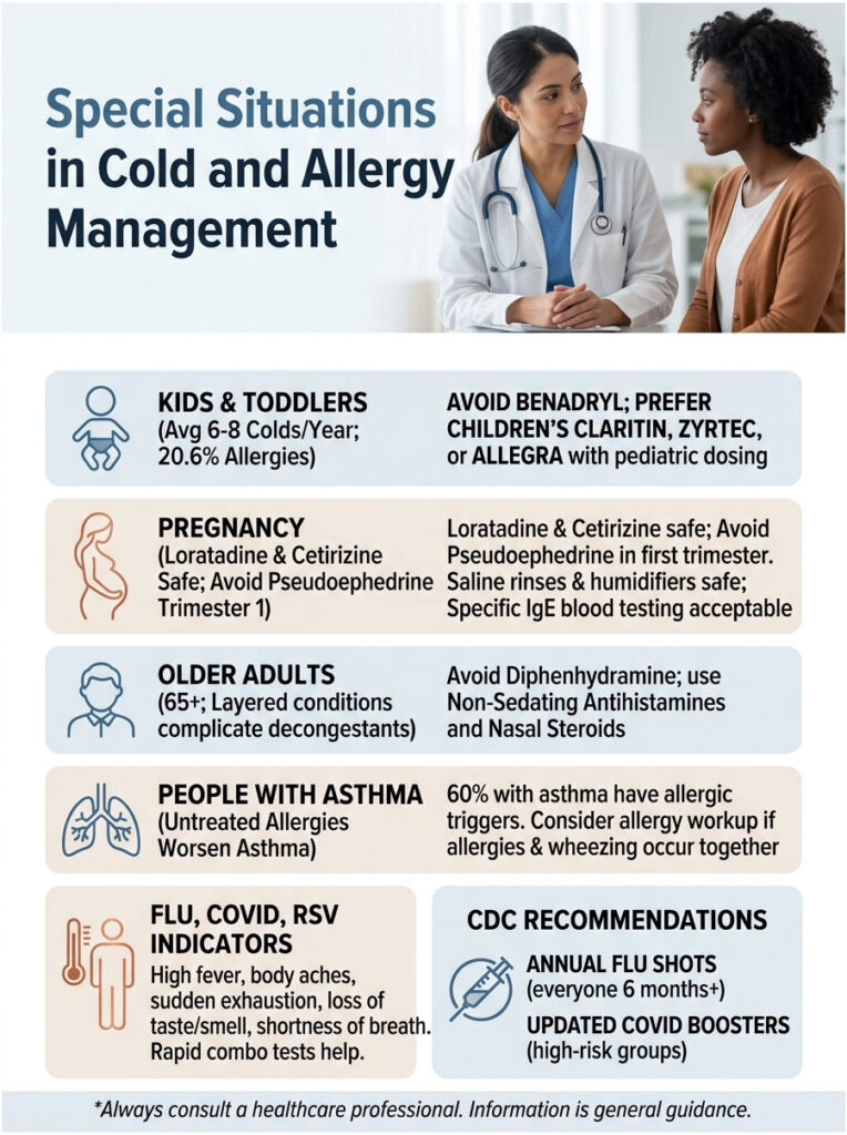 Infographic detailing special situations in cold and allergy management for various groups, including kids, pregnant women, and older adults.