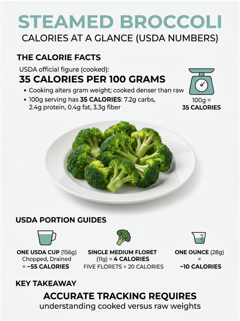 Infographic showing steamed broccoli calorie facts, USDA portion guides, and key takeaway on tracking calories.