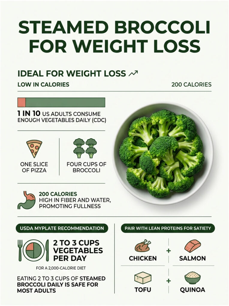 Infographic showing steamed broccoli for weight loss, including calorie comparisons and USDA recommendations.