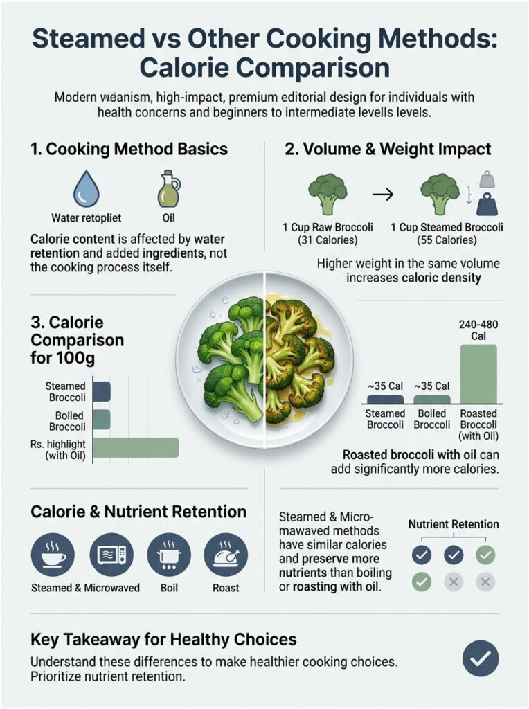 Infographic comparing calories in steamed, boiled, and roasted broccoli with charts and cooking method details.
