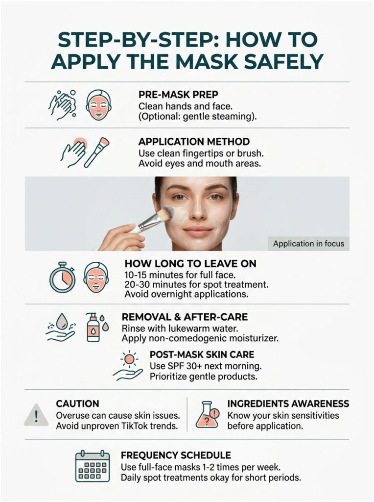 Step-by-step guide on safely applying a face mask with icons and instructions for each stage. Infographic.