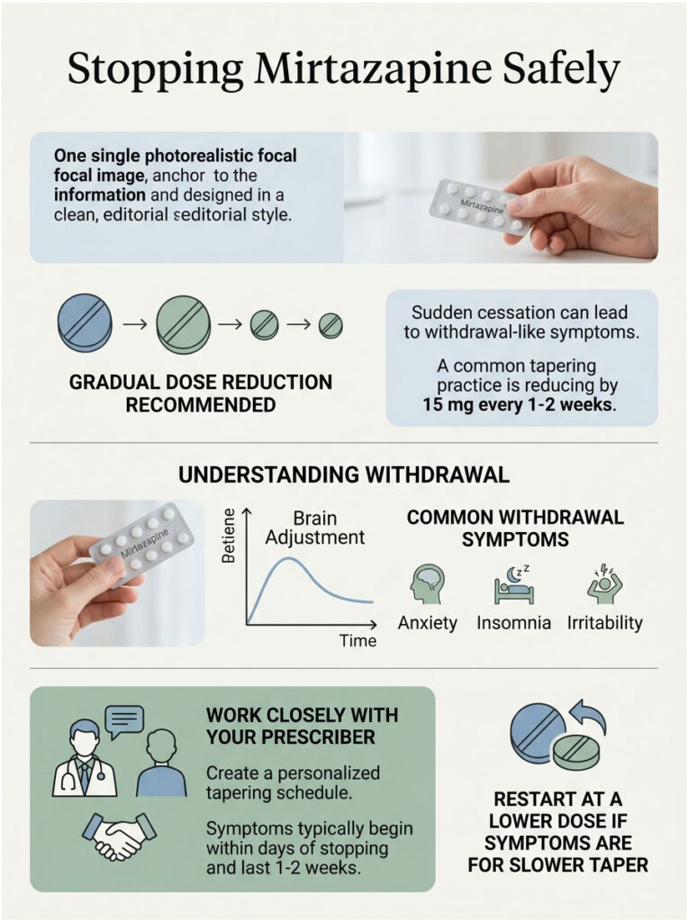 Infographic on safely stopping Mirtazapine, showing dosage reduction, withdrawal symptoms, and consultation advice.