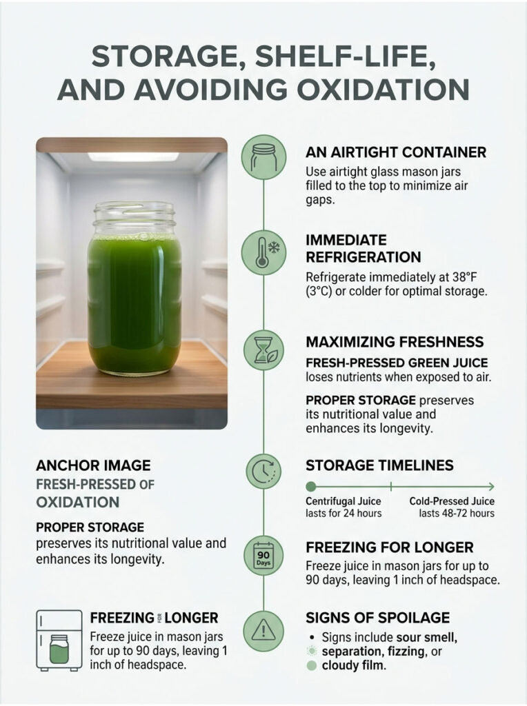 Infographic detailing storage tips for fresh-pressed green juice, including refrigeration and freezing guidelines.