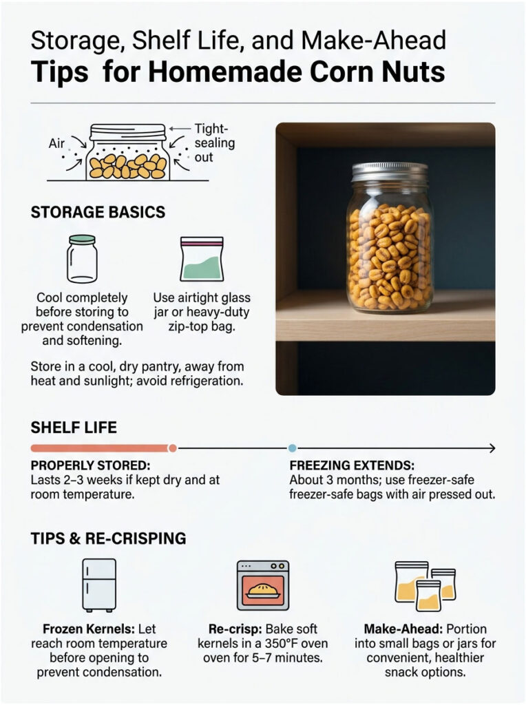 Infographic showing tips for storing homemade corn nuts, including storage basics and shelf life details.