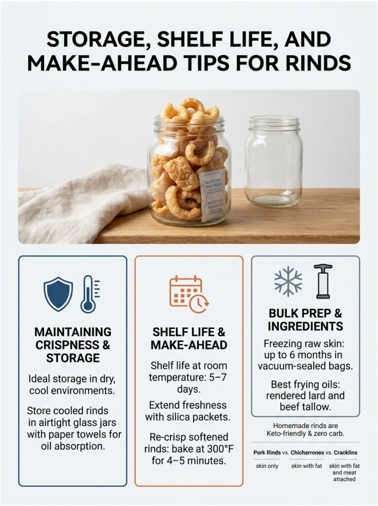Infographic detailing storage tips for pork rinds with jars, icons, and text on shelf life and preparation methods.