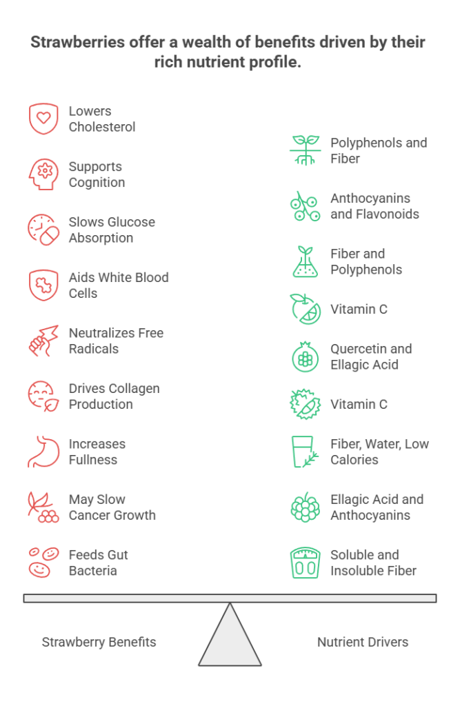 Infographic showing strawberry benefits and nutrient drivers with icons and text descriptions.