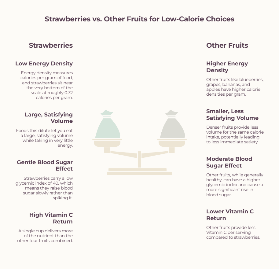 Comparison of strawberries and other fruits for low-calorie choices, highlighting energy density, volume, blood sugar effects, and vitamin C content. Infographic.