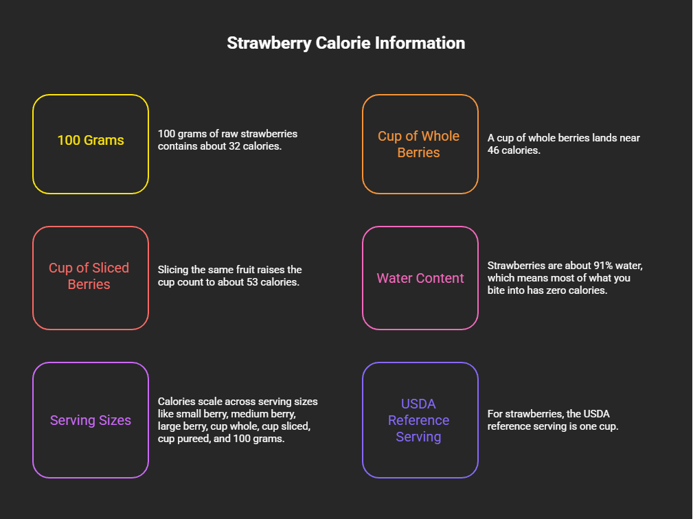 Infographic showing strawberry calorie information with data on serving sizes and water content.