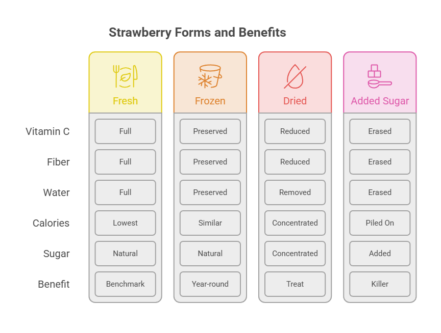 Infographic comparing strawberry forms: Fresh, Frozen, Dried, and Added Sugar with benefits and nutritional values.