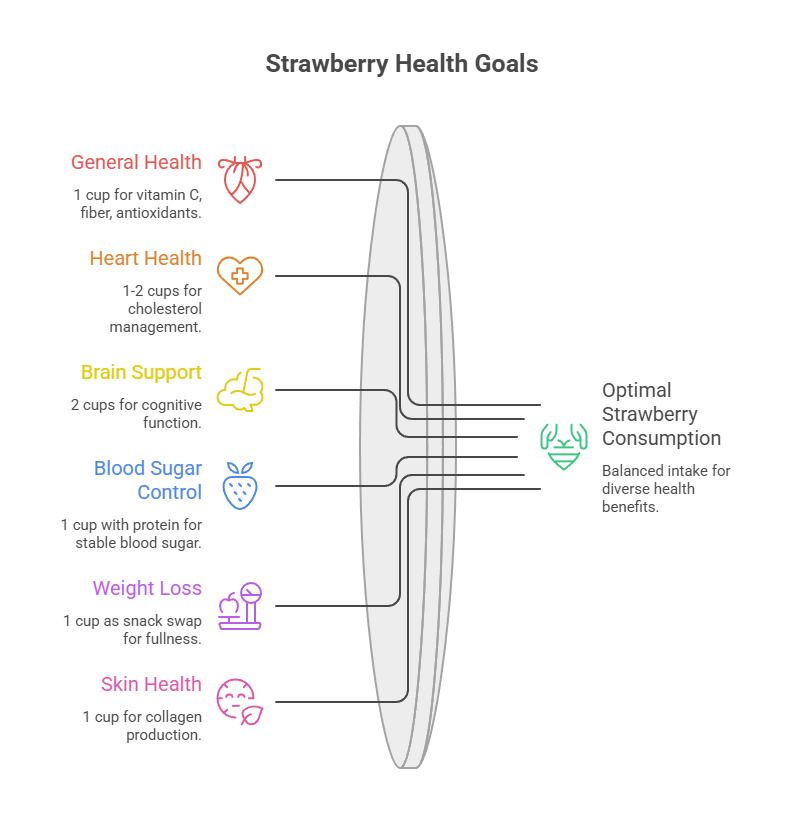Infographic showing strawberry health goals with benefits for general health, heart health, brain support, blood sugar control, weight loss, and skin health.