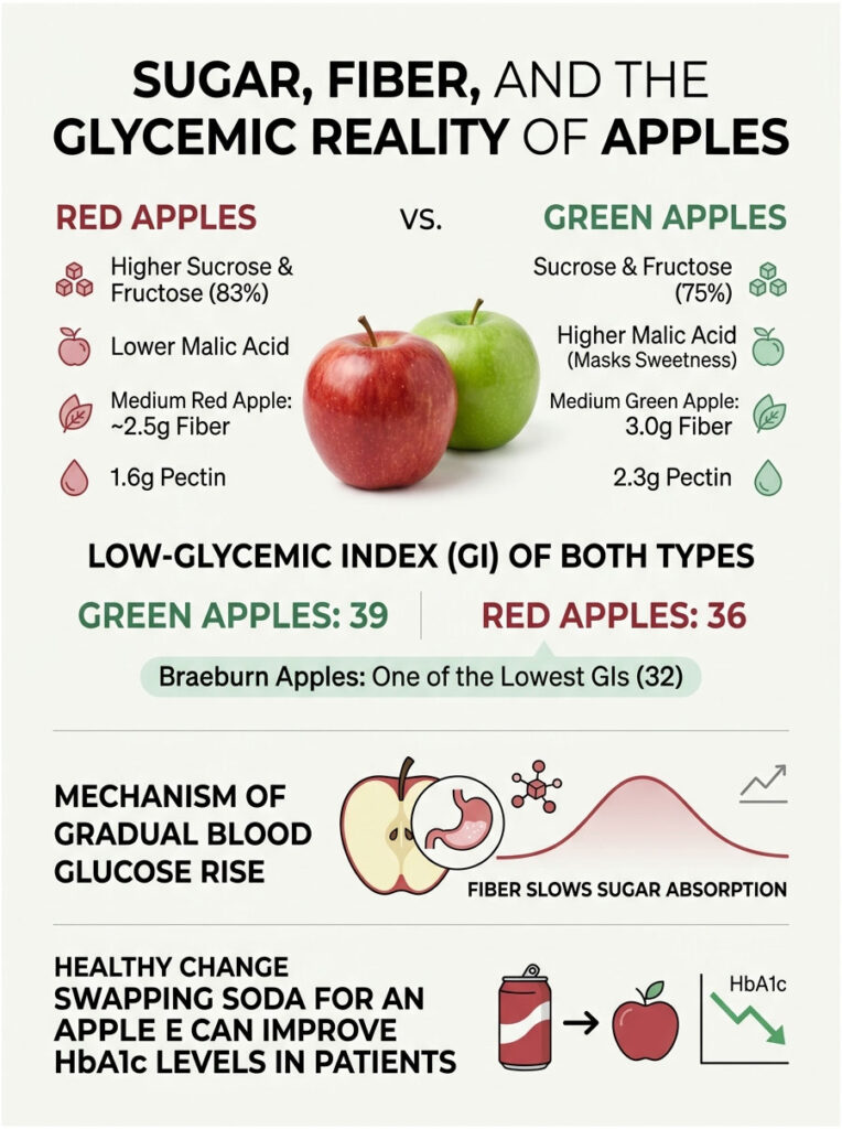 Infographic comparing red and green apples' sugar, fiber, and glycemic index with data points and illustrations.
