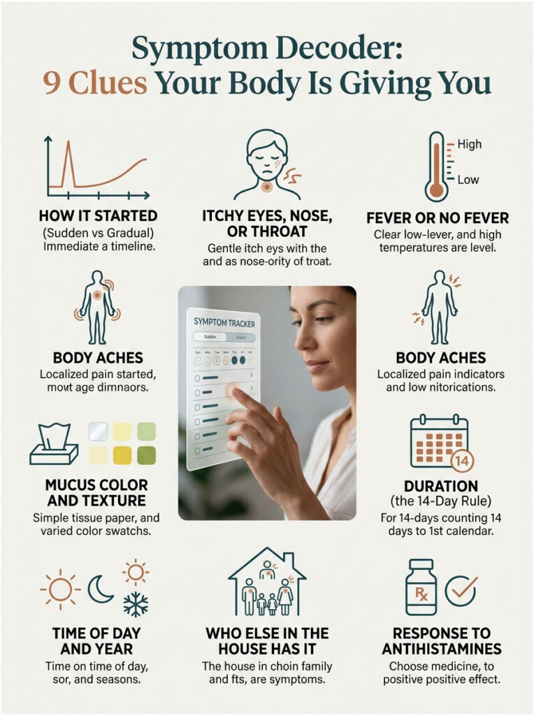 Infographic showing 9 clues about body symptoms with icons and text for each clue, including a symptom tracker.