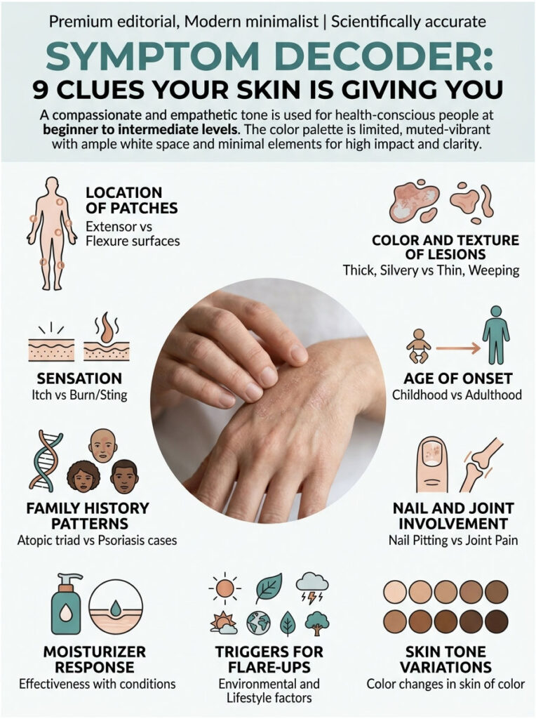 Infographic showing 9 clues about skin symptoms, including patch location, sensation, and triggers for flare-ups.