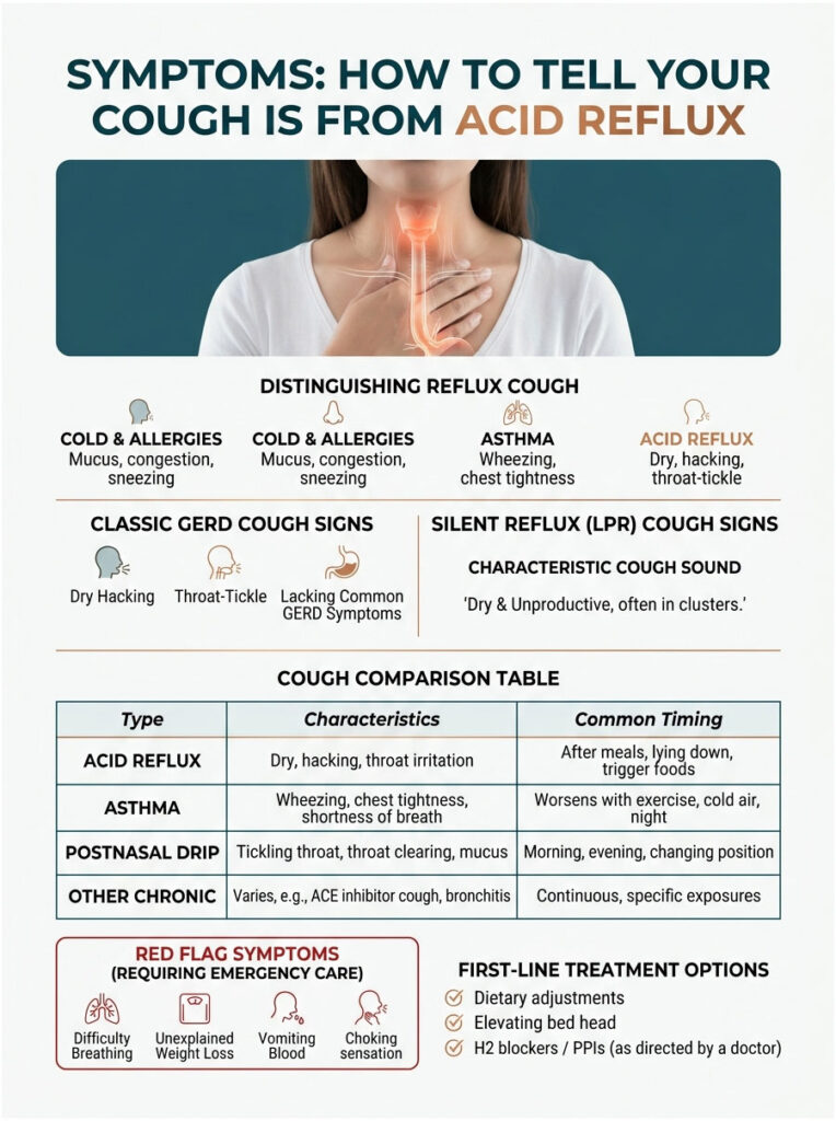 Infographic comparing cough symptoms from acid reflux, asthma, and allergies with treatment options and red flags.