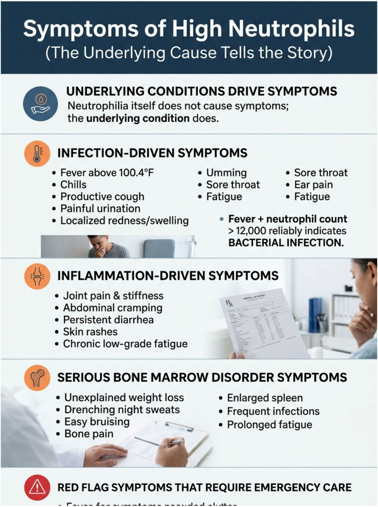 Infographic detailing symptoms of high neutrophils, including infection, inflammation, and bone marrow disorders.