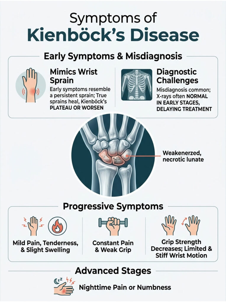 Infographic showing symptoms of Kienböck's disease with images of a wrist, X-ray, and descriptions of symptoms.