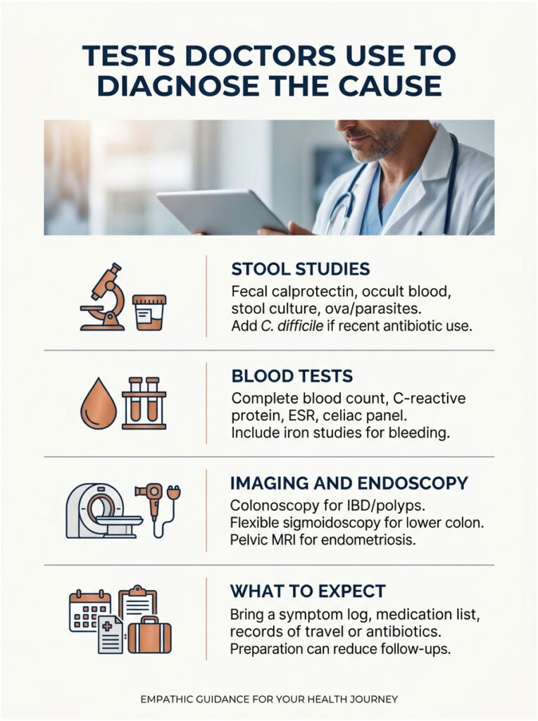Infographic detailing tests doctors use to diagnose causes, including stool studies, blood tests, and imaging.