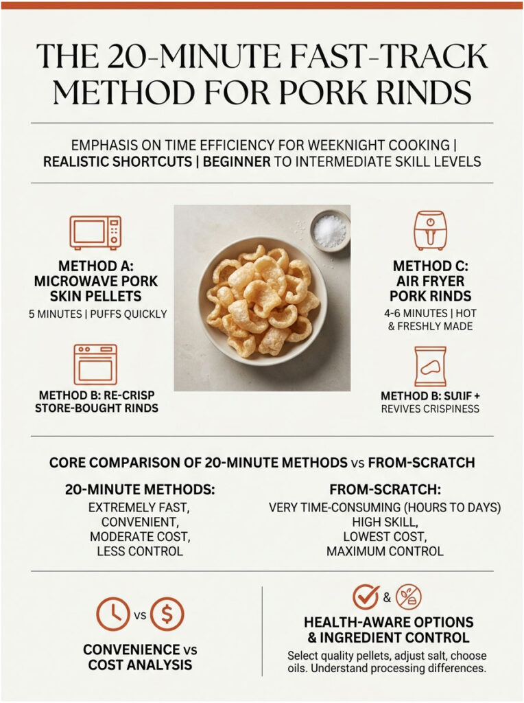 Infographic showing three methods for making pork rinds: microwave, re-crisping, and air fryer with time and cost analysis.
