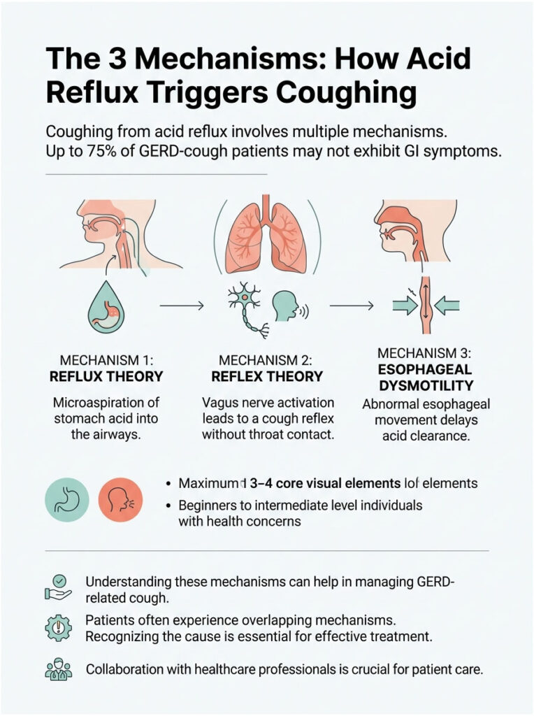 Infographic explaining how acid reflux triggers coughing, showing three mechanisms with illustrations and text descriptions.